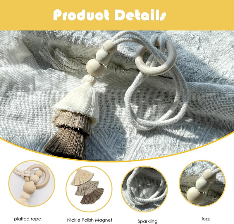 SRG Rope Curtain Tiebacks with Tassel Boho 2 PCS Handmade Wooden Ring Curtain Tie Backs Accessories Wall Decoration Drapery Curtain Holdbacks for Bedroom Window - Image 4